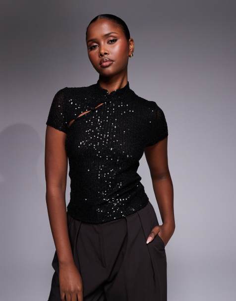 ASOS DESIGN – Pailletten-Oberteil mit Rouleau-Knopfdetails - view 1