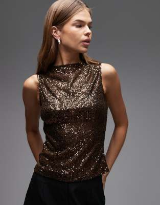 ASOS DESIGN - Pailletten-Tanktop in Braun mit U-Boot-Ausschnitt-Brown