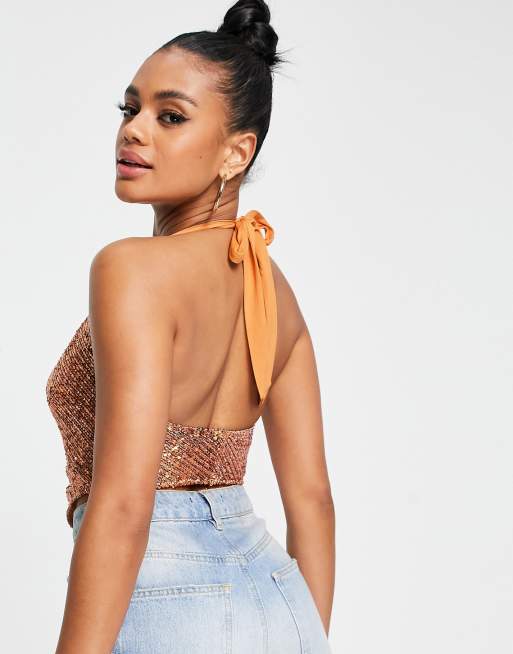 ASOS DESIGN – Paillettenbesetztes Camisole-Oberteil in Bronze mit Wasserfallausschnitt und V-Saum, 2 von 4