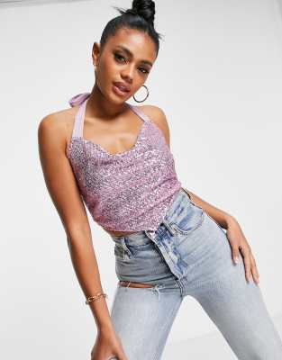 ASOS DESIGN - Paillettenbesetztes Camisole-Oberteil in Rosa mit Wasserfallausschnitt und V-Saum