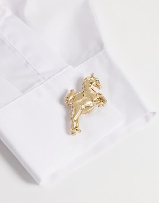 ASOS DESIGN pair of button cover cufflinks with horse design in brushed gold tone, 2 of 3