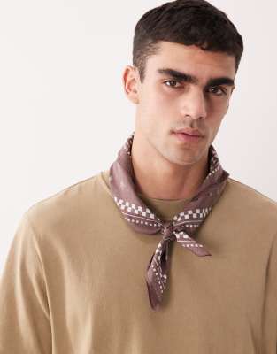 Asos Design Paisley And Checkerboard Cotton Bandana In Neutral