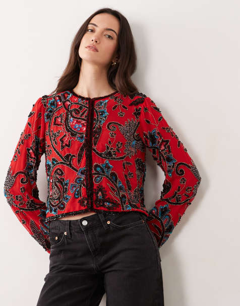 ASOS DESIGN paisley detail embellished trophy jacket in red - view 1