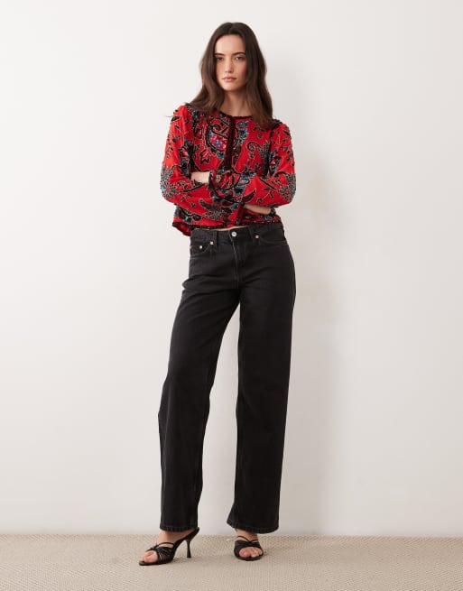 ASOS DESIGN paisley detail embellished trophy jacket in red, 2 of 4