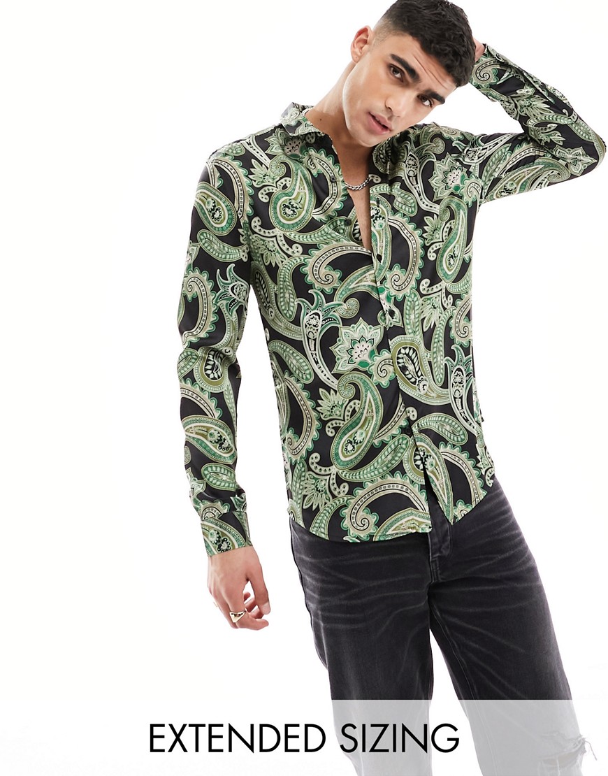 ASOS DESIGN paisley print shirt in black and green