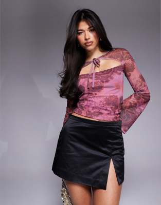 Asos Design Paisley Printed Tie Neck Mesh Top With Flute Sleeve
