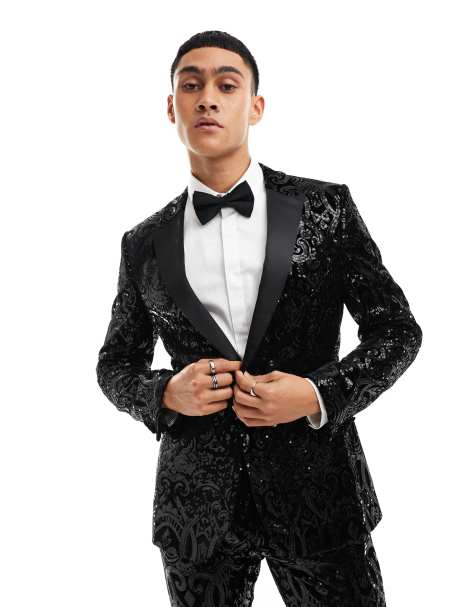 ASOS DESIGN paisley sequin skinny tuxedo jacket in black - view 1