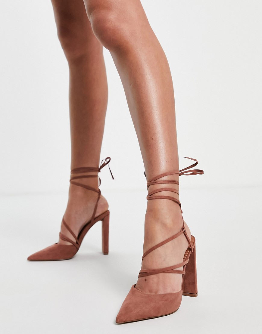 ASOS DESIGN Paisley strappy tie leg high heeled shoes in mocha-Brown