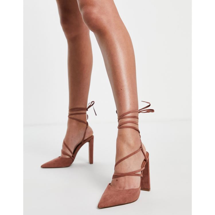 ASOS DESIGN Paisley strappy tie leg high heeled shoes in mocha ASOS