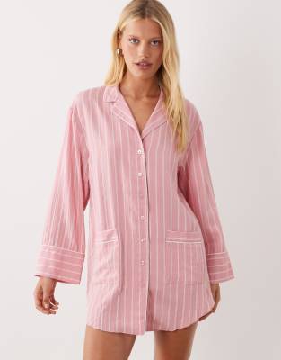 Asos Design Pajama Mini Shirt Dress With Contrast Trims In Blue