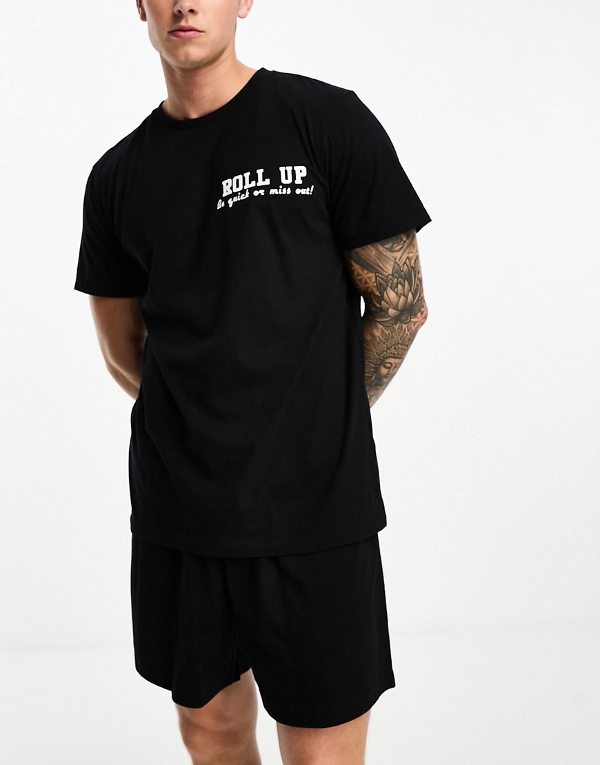 pajama set in black with t-shirt and shorts with pizza back print