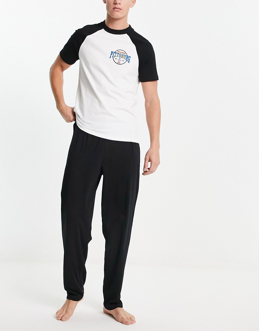 pajama set in black with white raglan T-shirt and Pittsburg print