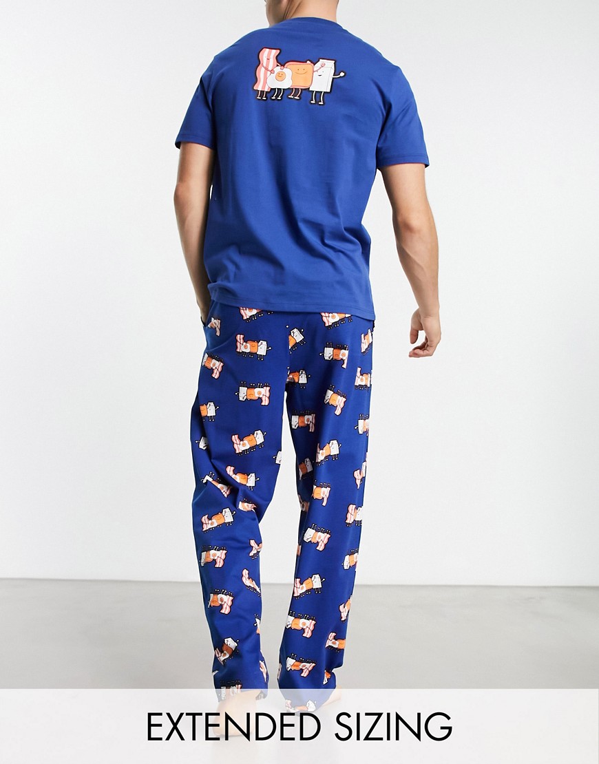 ASOS DESIGN pajama set in navy with t-shirt and pants in breakfast print
