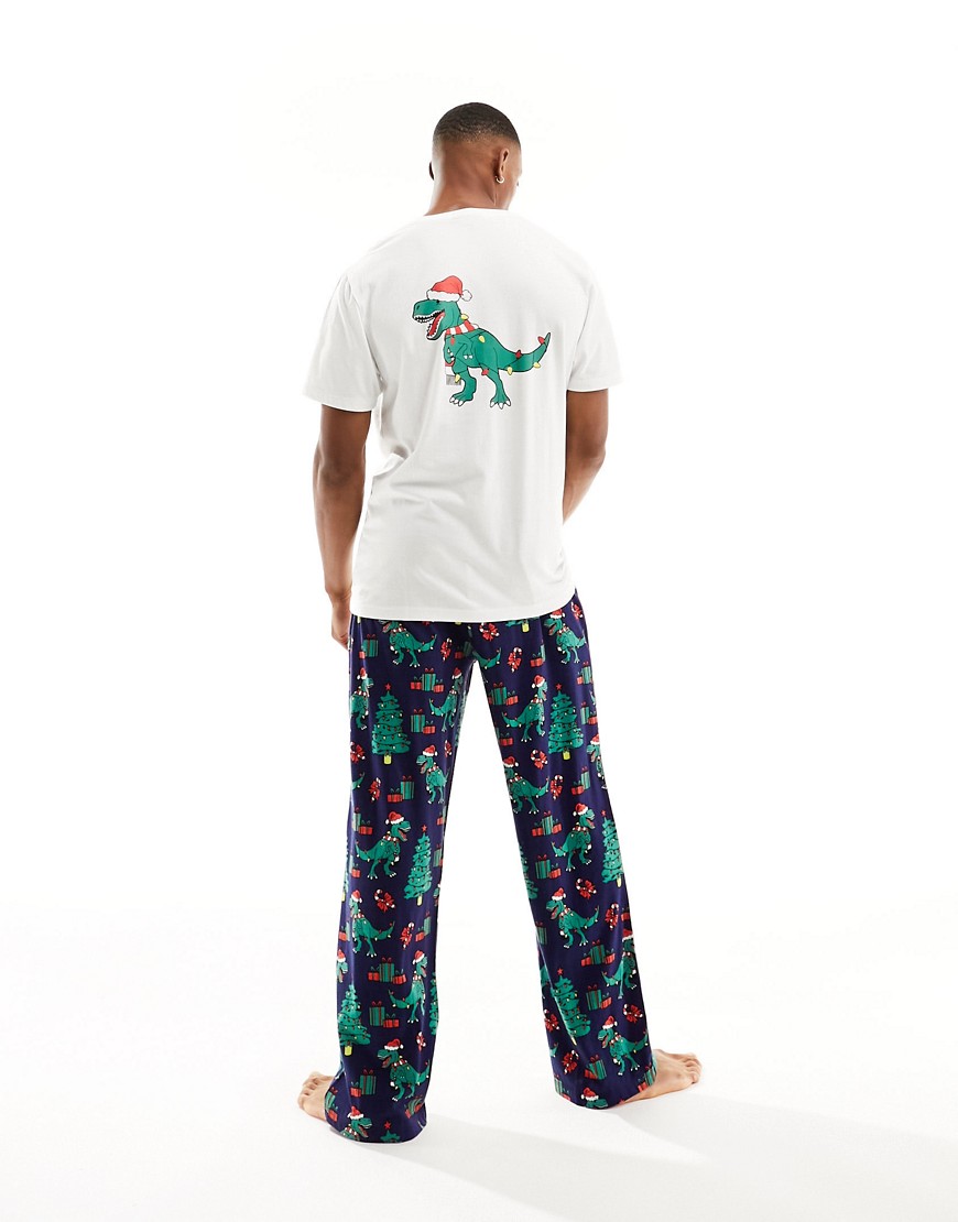 pajama set with Christmas dinosaur print in navy