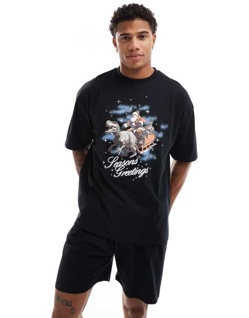 ASOS DESIGN pajama set with christmas dinosaur sleigh print in black
