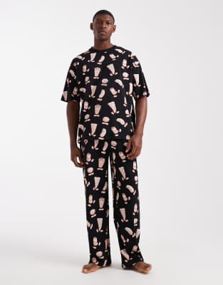Asos Design Pajama Set With Food Graphic In Black