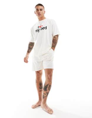 pajama set with I love my bed graphic in cream-White