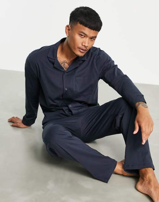 ASOS DESIGN pajama set with t-shirt and pants in black with fleece printed  bottom