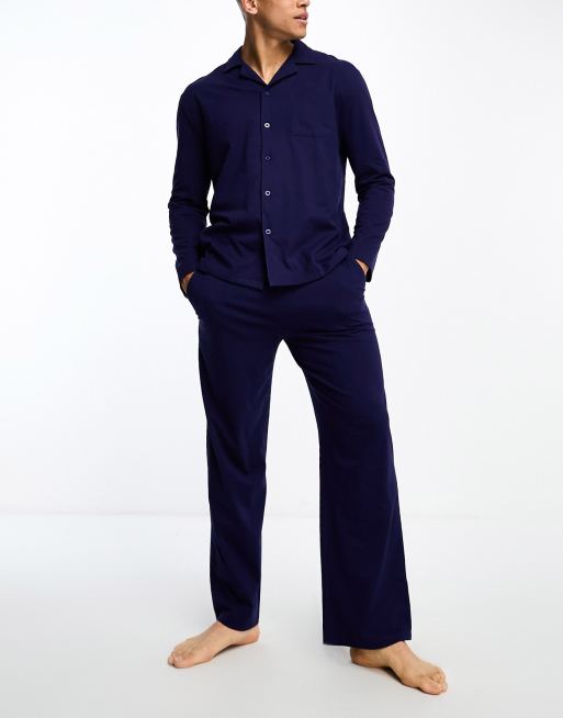 ASOS DESIGN pajama set with long sleeve shirt and pants in navy