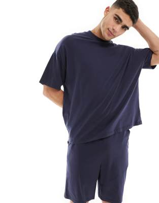 pajama set with oversized t-shirt and shorts in jersey in blue-Navy