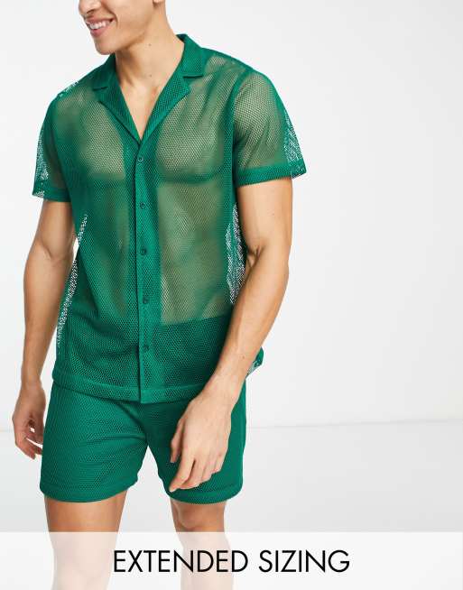 ASOS DESIGN pajama set with short sleeve shirt and shorts in green mesh