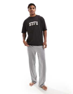 pajama set with STFU slogan in black-Multi