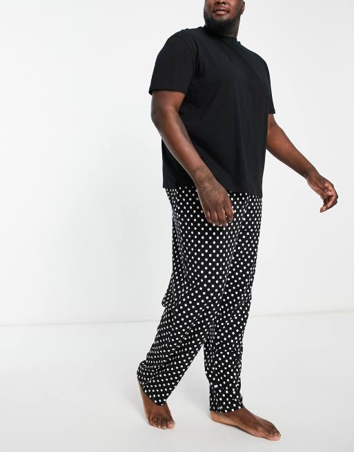 ASOS DESIGN pajama set with t-shirt and pants in black with fleece printed  bottom