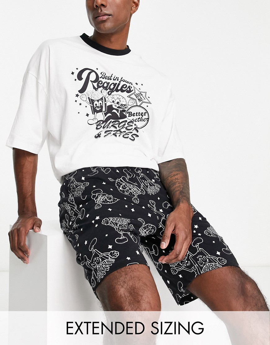 ASOS DESIGN pajama set with t-shirt and shorts in black and white with burger print
