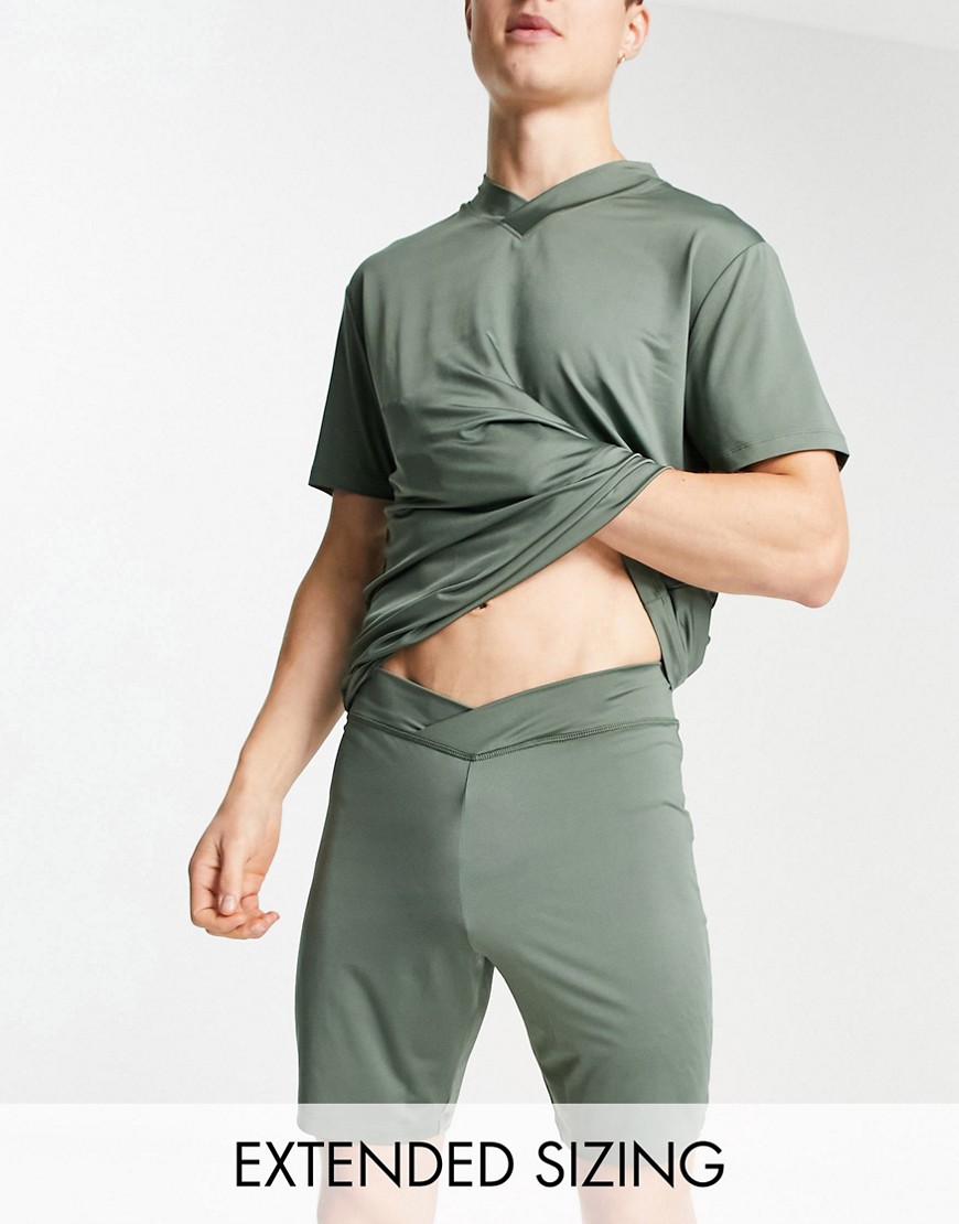 ASOS DESIGN pajama set with v neck t-shirt and shorts in green