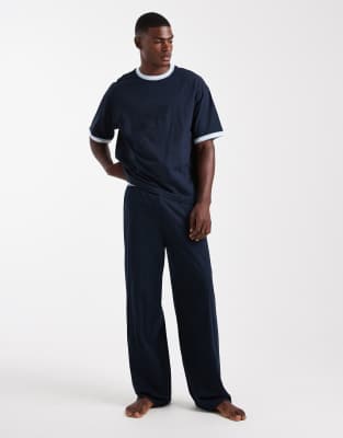 Asos Design Pajama Set With Wide Leg Pant And Contrast Binding In Blue