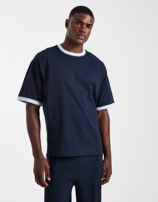 Asos Design Pajama Set With Wide Leg Pant And Contrast Binding In Blue