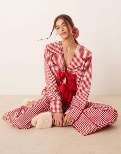 ASOS DESIGN pajama top in red gingham - part of a set - view 1
