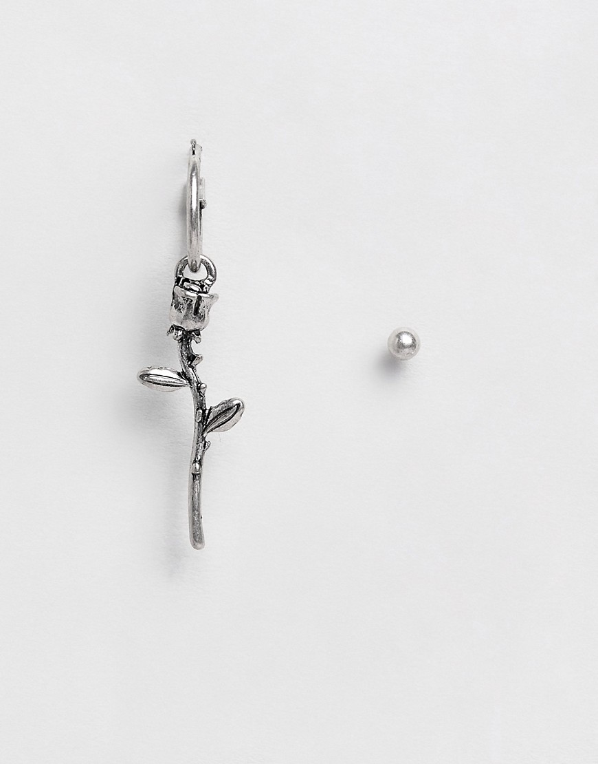 ASOS DESIGN – Paket med örringar och stiftörhängen med ros i borstat silver