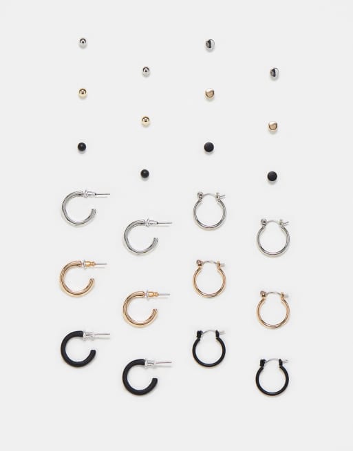 ASOS DESIGN - Pakke med 12 par hoop-øreringe og ørestikkere i sølvfarve/guldfarve/sort