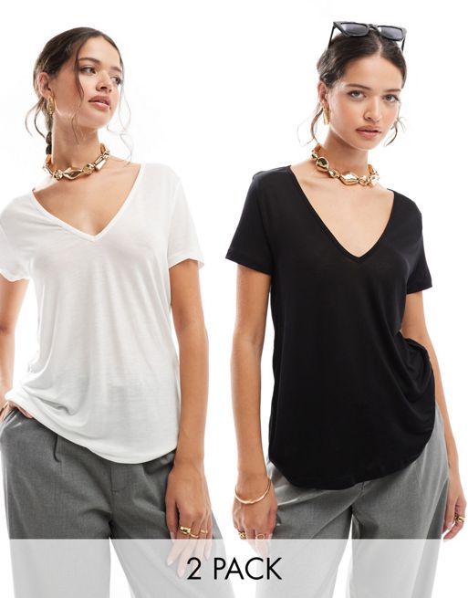 FhyzicsShops DESIGN - Pakke med 2 afslappede T-shirts med V-hals i sort og hvid