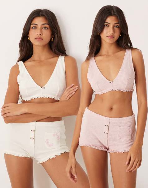ASOS DESIGN - Pakke med 2 bløde BH'er med høje spidser og rosenknopdetaljer i vaffelstrik i rosa/cremehvid - view 1