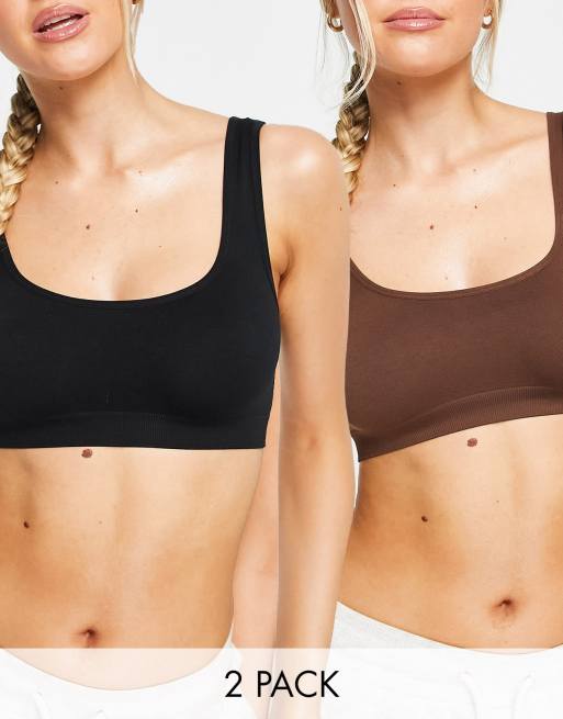 ASOS DESIGN - Pakke med 2 glatte og sømløse BH'er i brunt og sort 