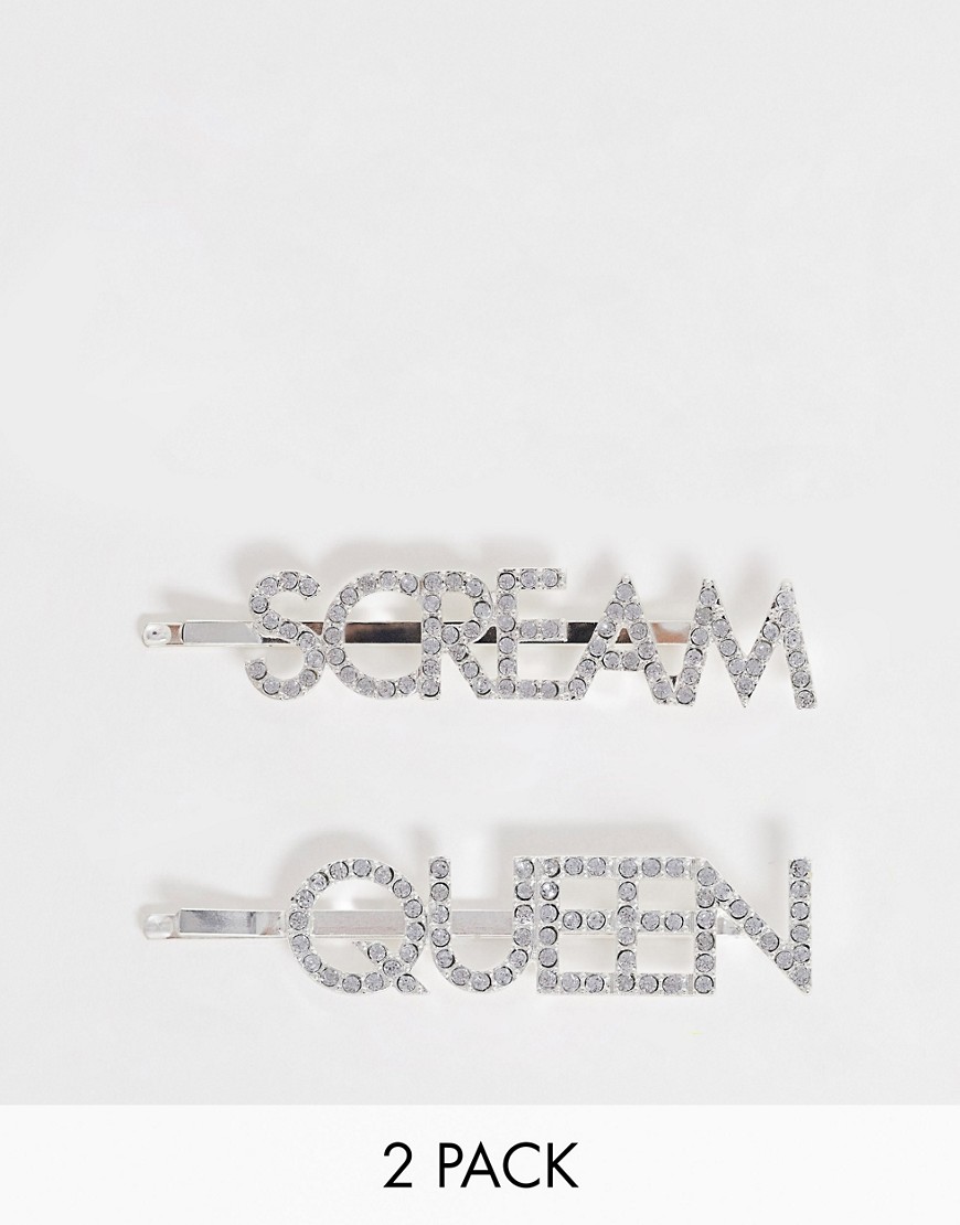 ASOS DESIGN - Pakke med 2 Halloween-hårklemmer med sølvfarvet scream queen i krystal