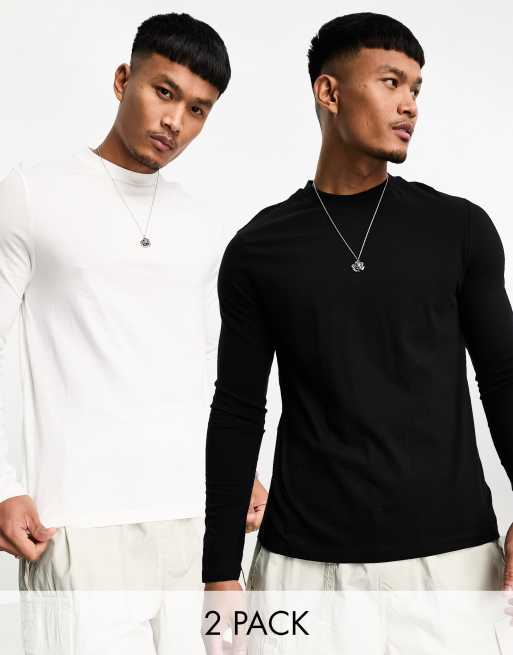 ASOS DESIGN - Pakke med 2 langærmede T-shirts med rund hals i sort og hvid