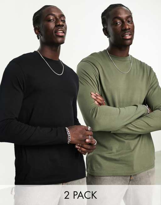 ASOS DESIGN - Pakke med 2 langærmede T-shirts med rund hals i sort og kaki