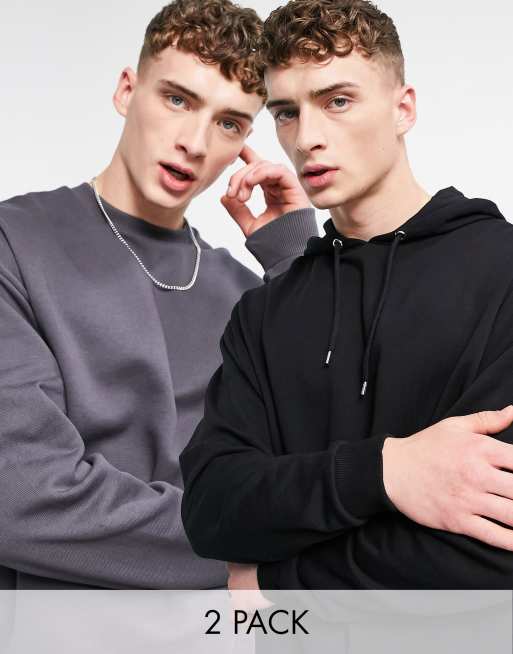 ASOS DESIGN - Pakke med 2 oversized hættetrøjer og sweatshirts i vasket grå/sort