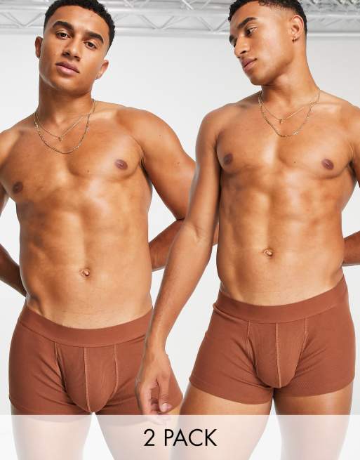 ASOS DESIGN - Pakke med 2 par brune ribstrikkede boksershorts i bomuldsblanding
