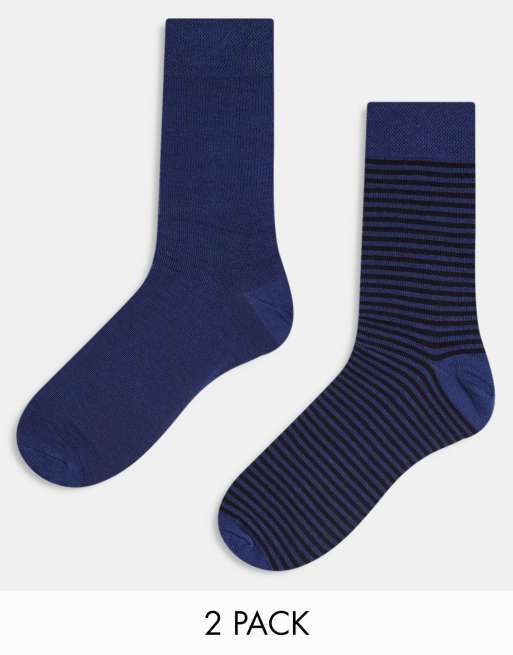 ASOS DESIGN - Pakke med 2 par elegante sokker i ensfarvet marineblå og med striber