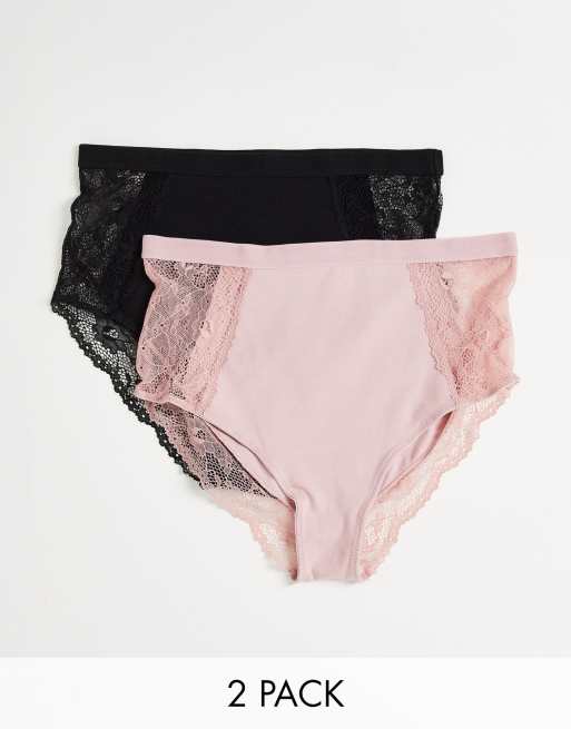 ASOS DESIGN - Pakke med 2 par højtaljede bomulds-briefs med blondeindsatser i sort og lyserød