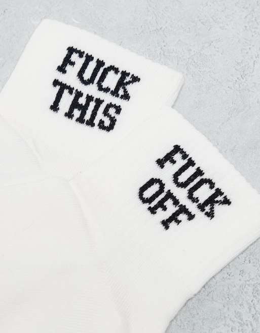 ASOS DESIGN - Pakke med 2 par hvide sokker med 'Fuck Off'-grafik, 2 af 3