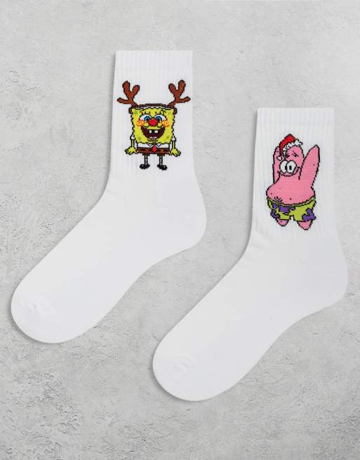 ASOS DESIGN - Pakke med 2 par hvide sokker med SpongeBob julemotiv