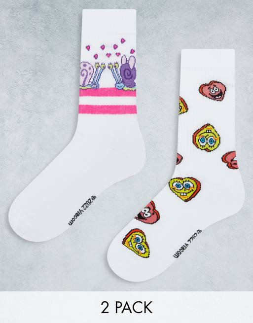 ASOS DESIGN - Pakke med 2 par hvide sportssokker med Svampebob- og kærlighedsprint