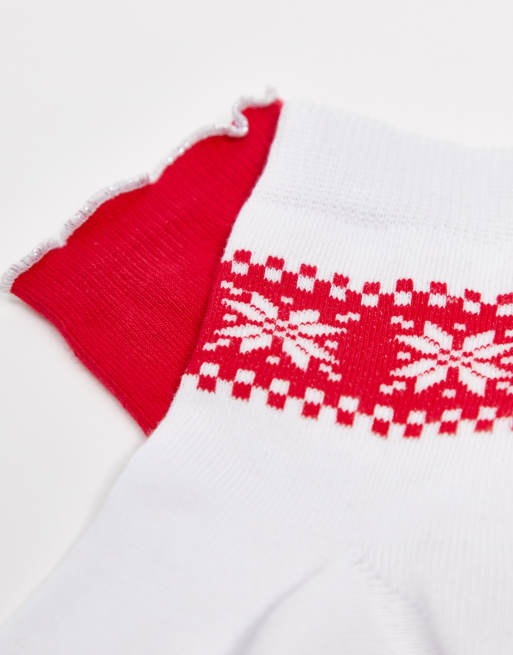 ASOS DESIGN - Pakke med 2 par juleankelsokker med Fair Isle-mønster og flæser, 3 af 4
