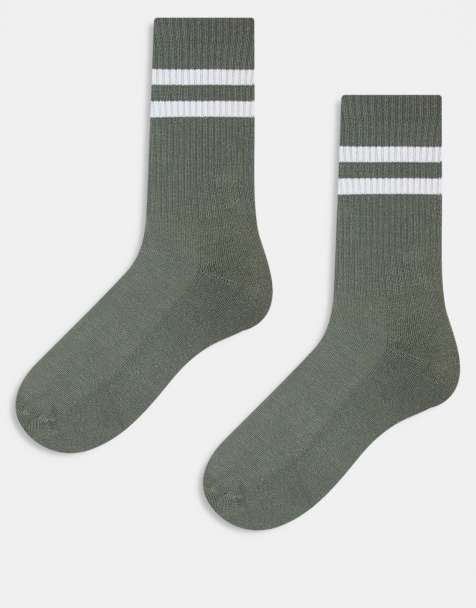 ASOS DESIGN - Pakke med 2 par kakigrønne sokker med hvide striber - view 1