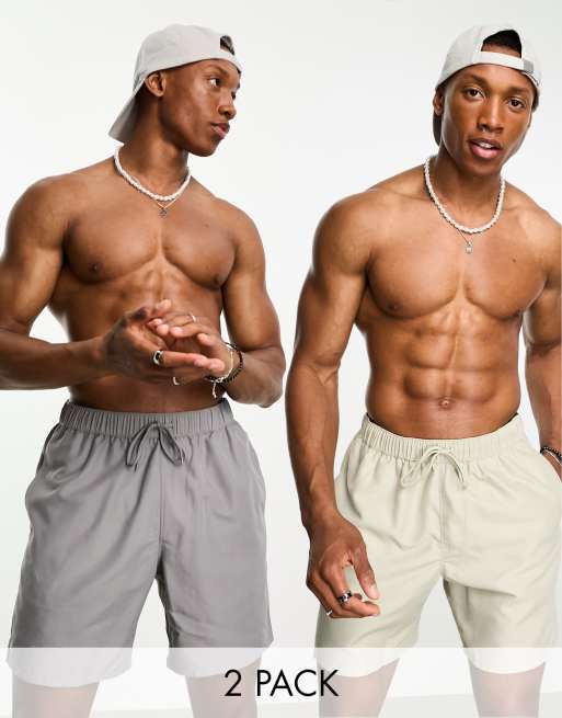 ASOS DESIGN - Pakke med 2 par mellemlange badeshorts i grå/beige - Spar
